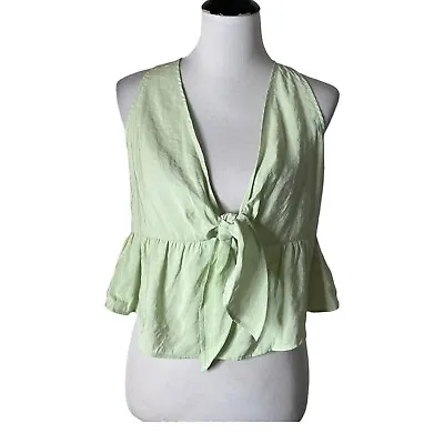 ZARA Peplum Crop Blouse Deep V Neck Tie Front Top Green Women Size M NEW • $17.95