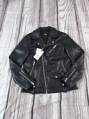 ZARA MAN FAUX LEATHER BIKER Black JACKET Size M Full Zip Motorcycle (B8) • $99