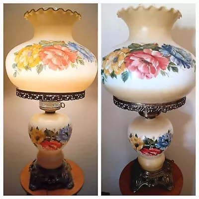 Vintage EF&EF Gone With The Wind 3 Way Hurricane Parlor Floral Glass Table Lamp • $199.95