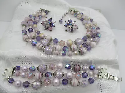 Vintage Vendome Lavender Crystal Art Glass Bead Necklace Bracelet Clip Earrings • $119