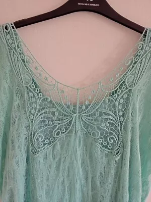 Per Una M&S Size 18 Mint Green Lace Top With Joined Strappy Vest Lace Butterfly  • £4.99