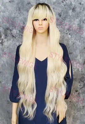 Light Blonde W/ Dark Brown Roots Extra Long Loose Beach Waves Heat OK Wig EVBN • $68.85