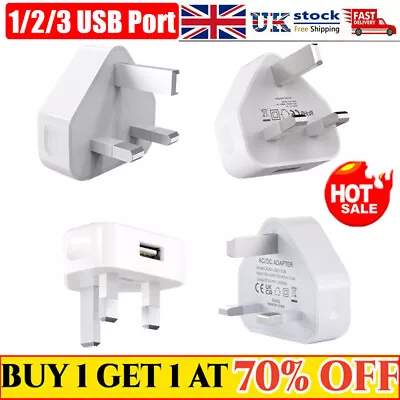 UK Mains 3 Pin Plug Adapter Wall Charger 2/3-Port Dual USB For Phones Tablets • £5.39