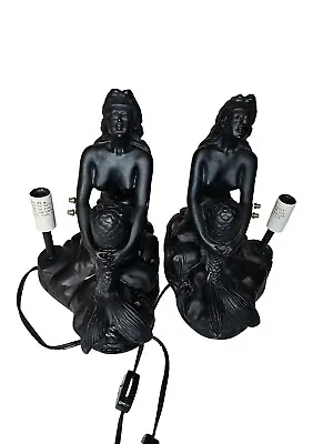 1 Pair *Rare Art Deco Mermaid Nude Figural Accent Lamp Desk Shade Flat Black MCM • $199.51