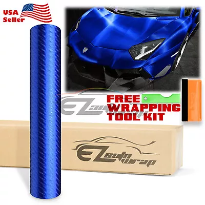 12 X60  Premium Blue Satin Chrome Carbon Fiber Vinyl Wrap Air Release Decal • $13.78