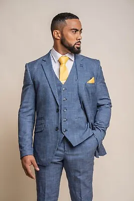 Men's Slim Fit Check 3 Piece Suit Blue -  Prince Wales Style Formal RRP � 229.97 • £129.99