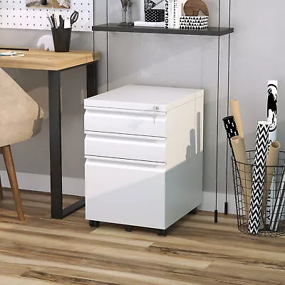 Vertical File Cabinet Metal Mobile Filling Cabinet With Lock 3 Drawers White • £73.99