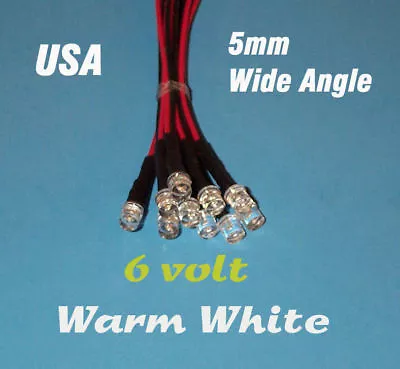 10 X LED - 5mm PRE WIRED 6 VOLT WIDE VIEW WARM WHITE 6V • $5.99