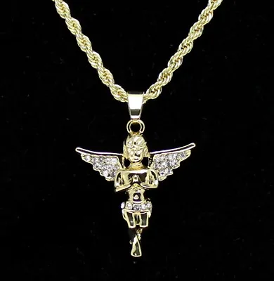 14k Gold Plated Messenger Angel Pendant Icy Cz 20  Rope Chain Hip Hop Necklace • $9.49