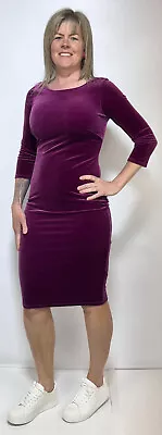 Bravissimo / Pepperberry 3/4Slv Velvet Dress SemiFit Scoop Back Neck FuchsiaKnee • £29.90