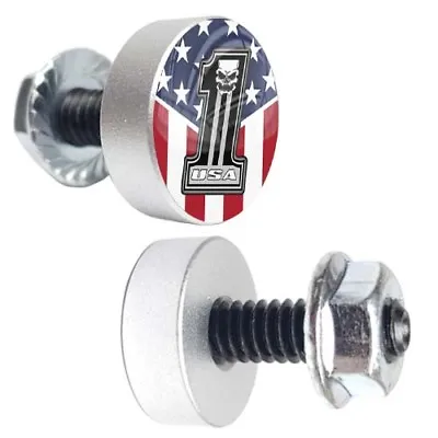 2 Silver Billet Motorcycle License Plate Frame Tag Bolts USA NO 1 SKULL ON FLAG • $8.97