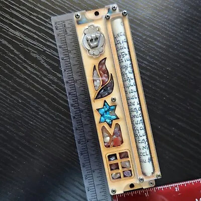 5 3/4  Wood & Gemstones MEZUZAH CASE Hebrew SHIN𐡔 Made In Israel • $18