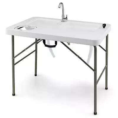 Folding Fish Cleaning Table W/360°Rotatable Faucet & 2 Built-in Sinks • $89.99