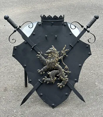 MCM Black Metal Medieval Coat Of Arms Lion Shield Removable Swords Wall Art VTG • $785.50