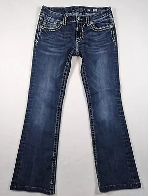 Miss Me Signature Boot Cut Jeans Sz 29 Embellished Bling Flap Pockets 32x29 Dark • $24.99