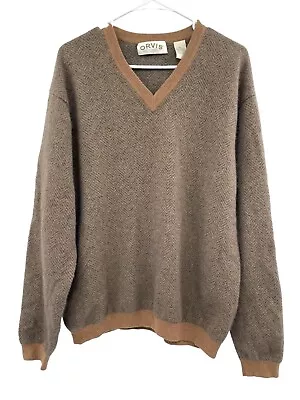 Orvis Cashmere Sweater Mens Size XL Camel Broken Herringbone V-Neck Pullover • $67.99