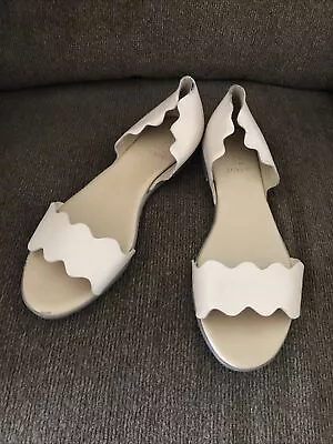 J. Crew Tan Beige Leather Scalloped Peep Toe Flats Sz 7.5 Slip On Shoe • $22