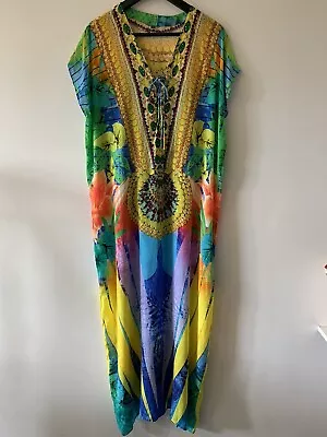 EMBELLISHED Womens LONG V NECK SILK CREPE KAFTAN/DRESS MIXED PRINT Sz S/M • $35