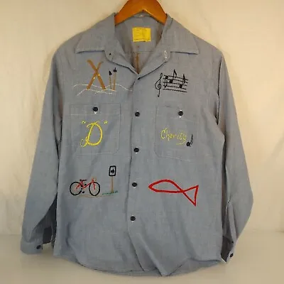 Vintage Sears Perma Prest Chambray Western Work Shirt Embroidered Autograph • $33.99