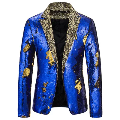 Mens Shiny Sequins Dress Blazer Suit Jacket One Button Coat Club Party Showman • $31