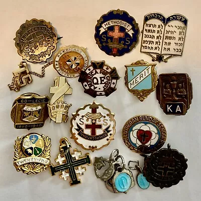 Small Lot Of Antique Vintage Religious Pins Awards Enamels 15 Total • $5