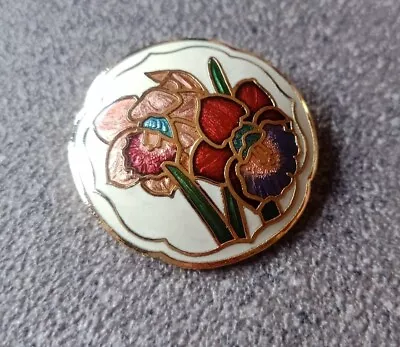 Vintage Cloisonne Enamel Brooch Iris Orchid Cream Background Gold Coloured Metal • £6.99