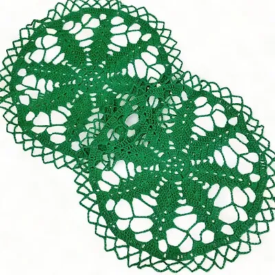 Vintage Doile Crocheted Green Round Doily Christmas 9.5 Inch Set Of 2 • $10.99