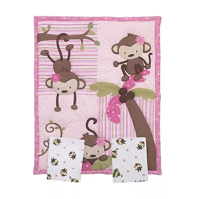 Portable Crib Bedding Set 3-Piece Monkeys Pink Girls Nursery Comforter 2 Sheets • $58.84