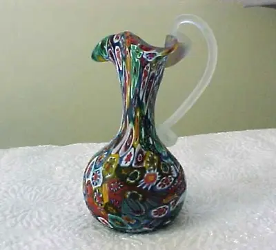 FINE Italian MURANO Venetian Blown Glass Millefiori Fluted Vase W/applied Handle • $75
