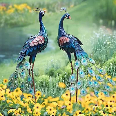 Garden Decor Outdoor Statues Metal Peacock Decor For Outside Art Set Of 2 • $199.99