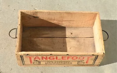 VINTAGE TANGLEFOOT FLY PAPER ADVERTISING WOOD CRATE Dovetailed W/ Metal Handles • $27.99