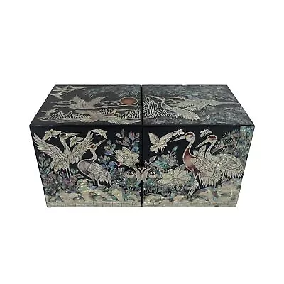 Vintage Asian Inlaid Mother Of Pearl Crane Lacquer Jewelry Trinket Box • $67.99