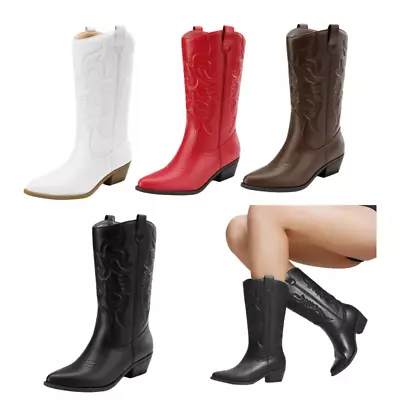 Women Cowboy Boots Pull On Cowgirl Boots Mid Calf Western Boots • $34.99