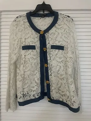Michael Simon Off White Crochet Cardigan Sweater Size M Lace Denim Rose Buttons • $18