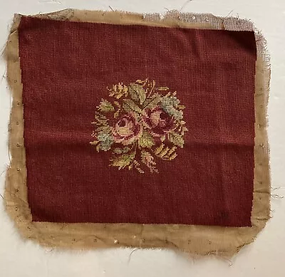 Vintage Maroon Floral Tapestry Needlepoint Roses ~ Chair Pillow Stool Cover Art • $16.50