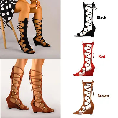 Onlymaker Womens Knee High Gladiator Wedge Sandals Lace Up Zip Beach Long Boots • $69.99