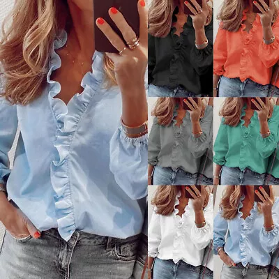 Womens Ruffle V Neck Shirts Ladies Work Casual Tops Long Sleeve Blouse Plus Size • £9.59