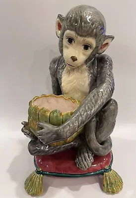 Ceramic Large Monkey Sitting On Pillow 15 H Planter Vase Signed Hand Painted USA • $169