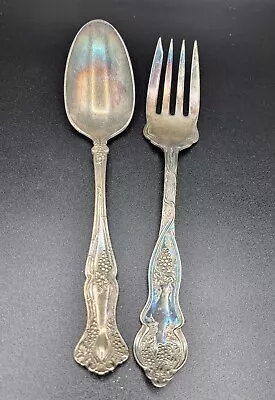 1847 Rogers Bros. XS Triple 8” Serving Spoon Fork Set Grapes Vines Leaves Design • $18.02