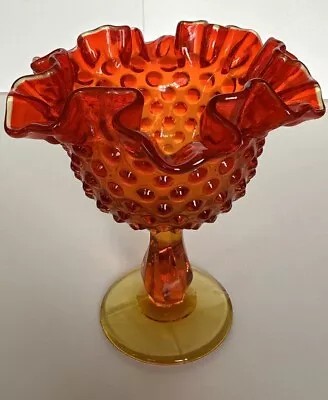 Vtg Fenton Hobnail Orange Amberina Glass Ruffled Edge Compote Candy Dish • $20