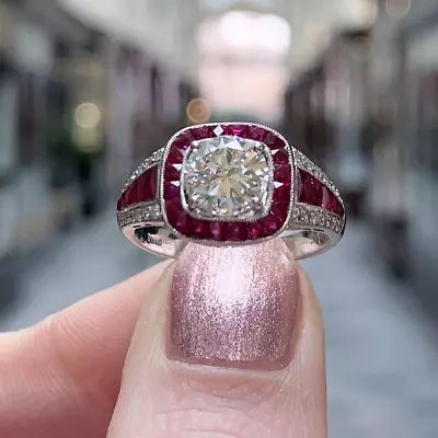 Shank Ruby Halo Engagement Ring 14K White Gold Plated 2.2 Ct Simulated Diamond • $103.25