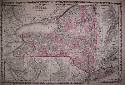 1863 Map ~ NEW YORK STATE ~ Authentic Johnson Atlas Map (18x26)-#024 • $48.88