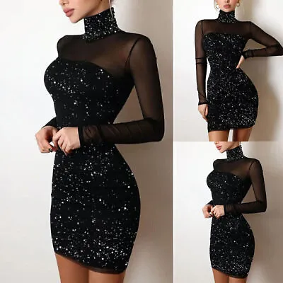 £11.89 • Buy Womens Sexy Sequins Mesh Sheer Bodycon Gown Cocktail Party Clubwear Mini Dress