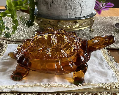 LG Wright Glass Amber Color Large Turtle Covered Dish 10”x 3.5”x6” • $115