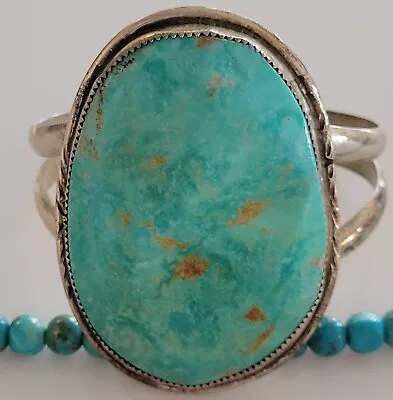 Old Pawn Handmade Vintage STERLING NAVAJO HUGE SLAB Green Turquoise Bracelet • $297