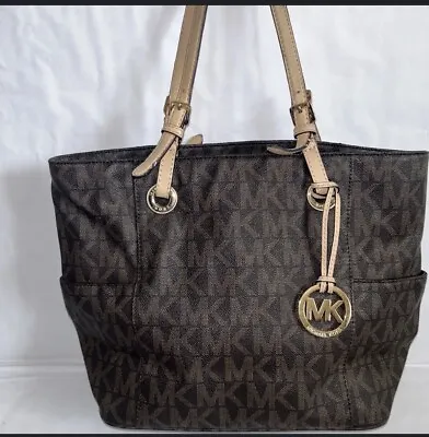 MICHAEL KORS Jet Set Item MK Signature EW Tote Bag Brown Purse Gold 38T8CTTT4B • $35