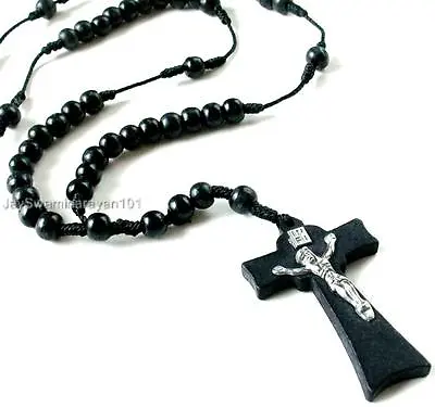 Men's Black Rosary Necklace Wooden Cross Wood Prayer Beads Rosaries Gift Boxed • $4.49