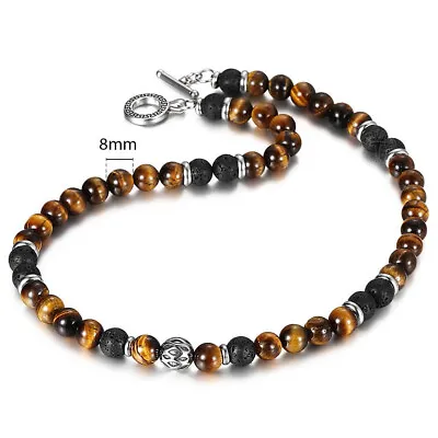 Men's 8mm Natural Tiger Eye Lava Bead Necklace Stainless Steel Toggle 18/20/24  • $9.12