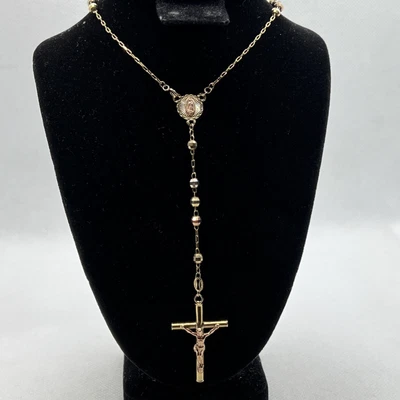 $699.99 • Buy 10K Tricolor Gold Rosary Necklace W/Virgin Mary Jesus Cross Charm Pendant 8.3gr.