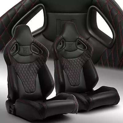 Black W/Red Stitching C-Series PVC Reclinable Left/Right Racing Seats Pair • $357.98